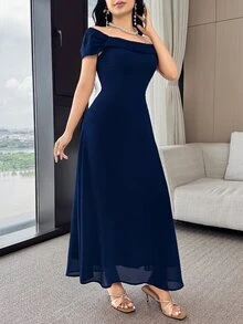 Feyla Women's Solid Color Off-Shoulder Elegant Long Dress Dining Navy Blue Summer - Navy Blue - View 5