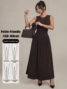 SHEIN PETITE 女款優雅夏季深棕色長洋裝，無袖百褶腰傘擺長裙，適合早午餐、婚禮賓客、生日、休閒日常通勤，適合嬌小女性 - 咖啡棕 - 查看 4