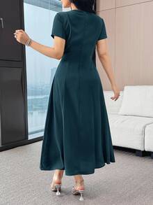 Feyla Women's Elegant Solid Color Bow Decor Mid-Length Dress - Teal Blue - View 3