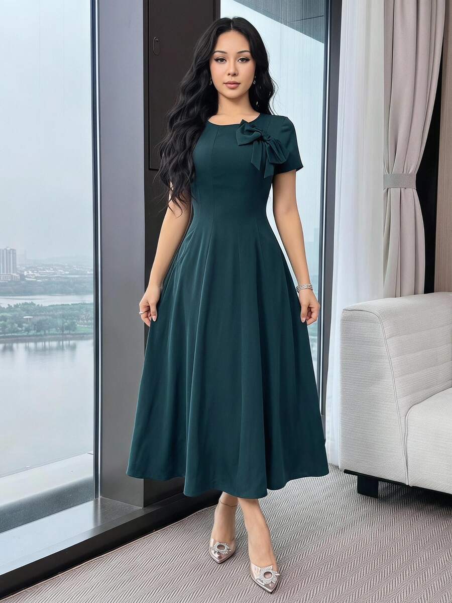 Feyla Women's Elegant Solid Color Bow Decor Mid-Length Dress