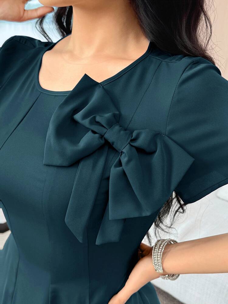 Feyla Women's Elegant Solid Color Bow Decor Mid-Length Dress - Teal Blue - View 6