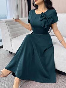 Feyla Women's Elegant Solid Color Bow Decor Mid-Length Dress - Teal Blue - View 4