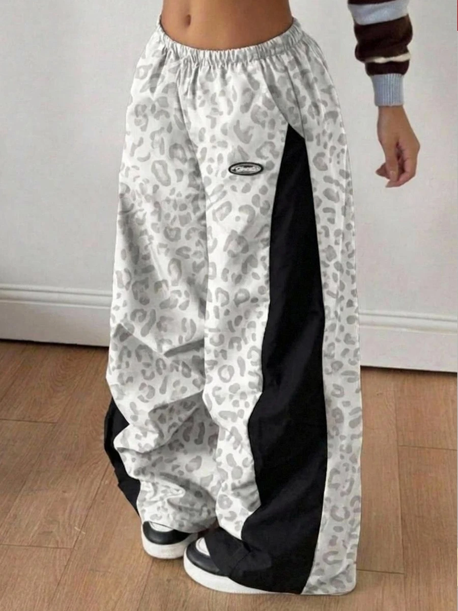 SHEIN Teen Girls Woven Black White Colorblock Letter Textured Drawstring Loose Jogger Casual Sweatpants Pockets Streetwear Cozy Fall Winter - Black and White - View 1