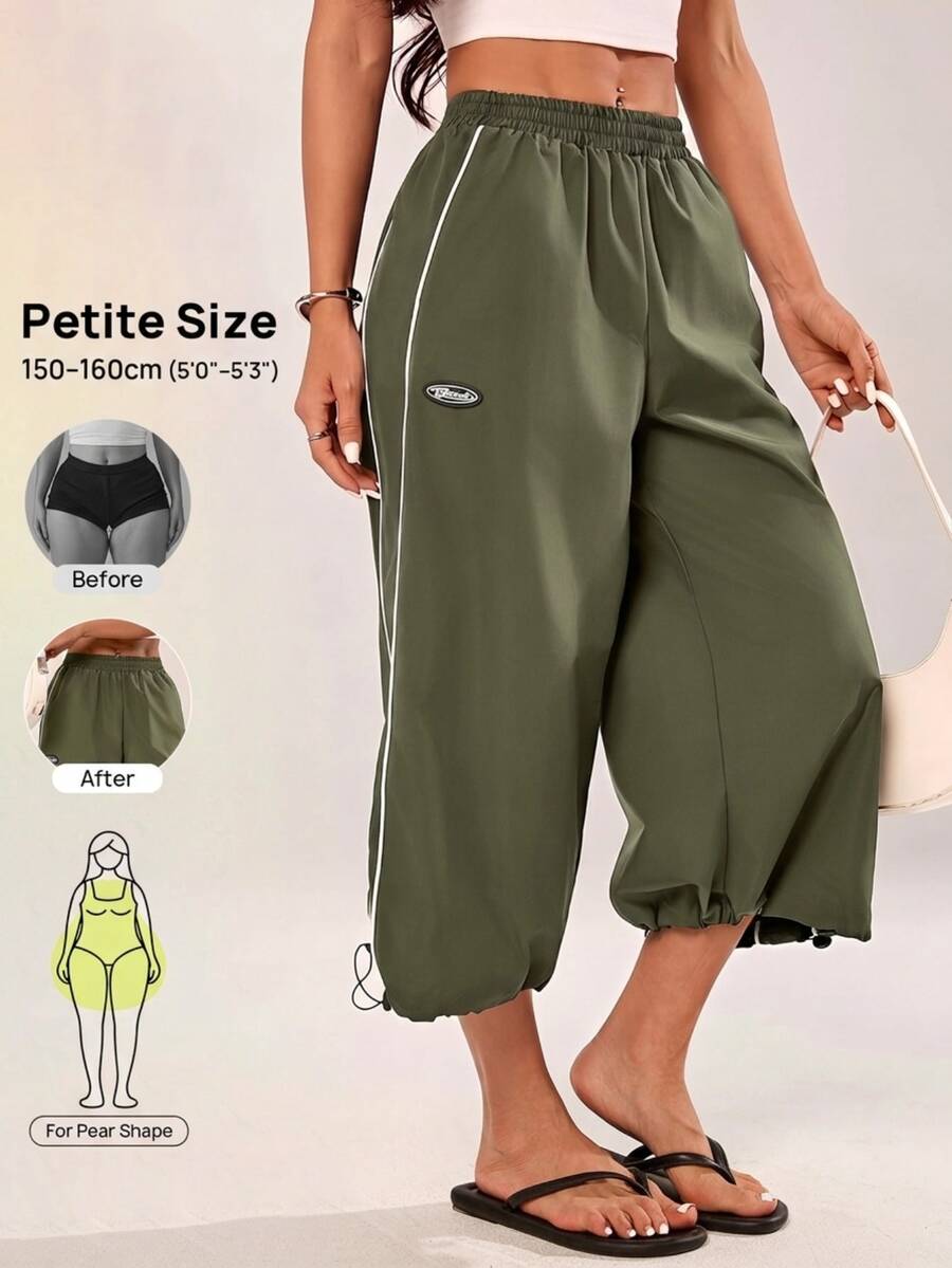 Vivamere Women's Letter Print Elastic Waist Loose Casual Capri Pants - Army Green - View 1