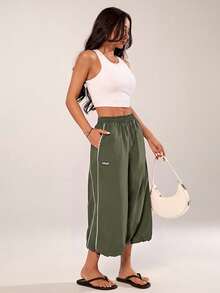 Vivamere Women's Letter Print Elastic Waist Loose Casual Capri Pants - Army Green - View 7