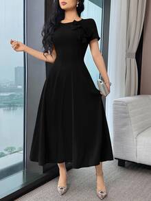 Feyla Women's Solid Color 3D Bow Decor Elegant Waist Cinched Midi Party Dress - Black - View 4