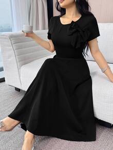 Feyla Women's Solid Color 3D Bow Decor Elegant Waist Cinched Midi Party Dress - Black - View 3