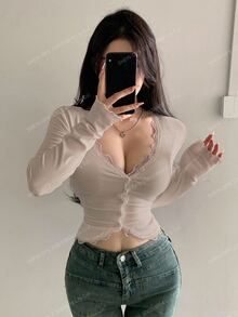 DAZY Women's Patches Lace Ribbed Long Sleeve T-Shirt Going Out Tops,Fall Clothes Crop Top - Khaki - View 1