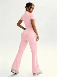 Dewbera Dewbera 2PCS Women's Sports Set Blush Pink Tight Fit Raglan Short Sleeve Color Block Split Stand Collar Full Zip Jacket Flare Pants Workout Yoga Gym Summer - Pink - View 5