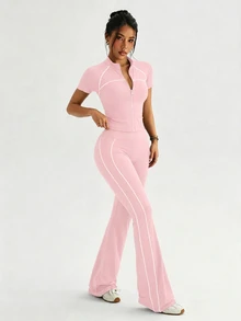Dewbera Dewbera 2PCS Women's Sports Set Blush Pink Tight Fit Raglan Short Sleeve Color Block Split Stand Collar Full Zip Jacket Flare Pants Workout Yoga Gym Summer - Pink - View 8