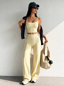 Dewbera Dewbera Women's Solid Color Camisole Tank Top And Long Pants Sports Set - Light Yellow - View 1