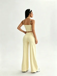 Dewbera Dewbera Women's Solid Color Camisole Tank Top And Long Pants Sports Set - Light Yellow - View 2