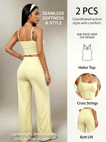 Dewbera Dewbera Women's Solid Color Camisole Tank Top And Long Pants Sports Set - Light Yellow - View 7