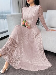 Feyla 女士花卉蕾丝拼接褶裥下摆优雅连衣裙 - 粉色 - 查看 8