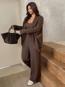 SHEIN Frenchy Plus Size Women Solid Color Batwing Long Sleeve Cardigan, Camisole And Pants Casual Set Fall - Brown - View 5