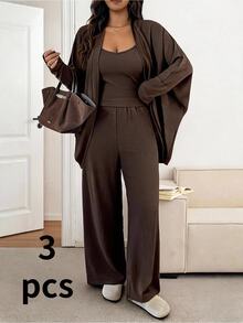 SHEIN Frenchy Plus Size Women Solid Color Batwing Long Sleeve Cardigan, Camisole And Pants Casual Set Fall - Brown - View 2