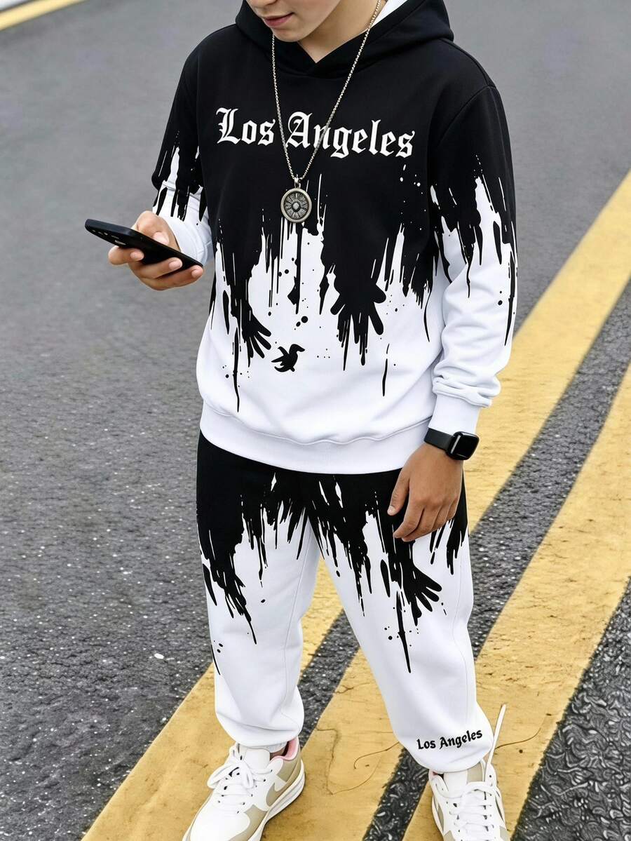 Teenagers Spring/Autumn Hooded Line Print Long Pants With Cuffed Hem, Casual Streetwear 2 Pieces Set Suitable For Daily Wear Cycling White - Multicolor - View 1