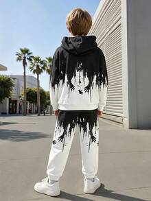 Teenagers Spring/Autumn Hooded Line Print Long Pants With Cuffed Hem, Casual Streetwear 2 Pieces Set Suitable For Daily Wear Cycling White - Multicolor - View 2