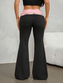 Vivamere Contrast Color Lace Patchwork Folded Waist Flare Pants - Black - View 2