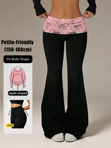 Vivamere Contrast Color Lace Patchwork Folded Waist Flare Pants - Black - View 11