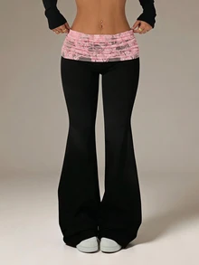 Vivamere Contrast Color Lace Patchwork Folded Waist Flare Pants - Black - View 5