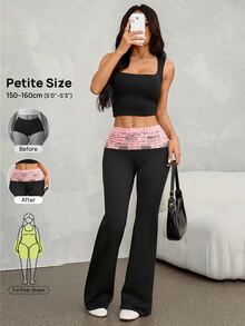Vivamere Contrast Color Lace Patchwork Folded Waist Flare Pants - Black - View 9