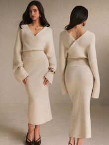 Poéselle Women's Ivory Ribbed Knit Two Pieces Set – Wrap V-Neck Bell-Sleeve Sweater And High-Waist Maxi Skirt Matching Outfit Women Fall Winter Sweater Set Chic - Apricot - View 3