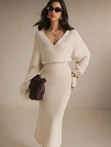 Poéselle Women's Ivory Ribbed Knit Two Pieces Set – Wrap V-Neck Bell-Sleeve Sweater And High-Waist Maxi Skirt Matching Outfit Women Fall Winter Sweater Set Chic - Apricot - View 9