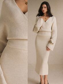 Poéselle Women's Ivory Ribbed Knit Two Pieces Set – Wrap V-Neck Bell-Sleeve Sweater And High-Waist Maxi Skirt Matching Outfit Women Fall Winter Sweater Set Chic - Apricot - View 2