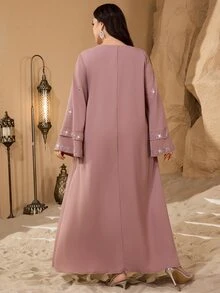Al Najma Plus Size V-Neck Fashionable Rhinestone Embellished Double Layer Sleeve Shiny Elegant Soft Comfortable Loose Turkish Dress - Pink - View 3