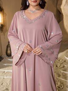 Al Najma Plus Size V-Neck Fashionable Rhinestone Embellished Double Layer Sleeve Shiny Elegant Soft Comfortable Loose Turkish Dress - Pink - View 5
