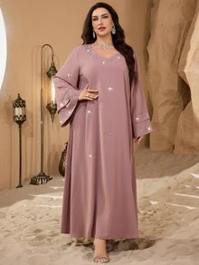 Al Najma Plus Size V-Neck Fashionable Rhinestone Embellished Double Layer Sleeve Shiny Elegant Soft Comfortable Loose Turkish Dress - Pink - View 4