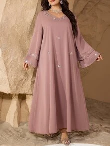 Al Najma Plus Size V-Neck Fashionable Rhinestone Embellished Double Layer Sleeve Shiny Elegant Soft Comfortable Loose Turkish Dress - Pink - View 8