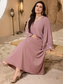 Al Najma Plus Size V-Neck Fashionable Rhinestone Embellished Double Layer Sleeve Shiny Elegant Soft Comfortable Loose Turkish Dress - Pink - View 7