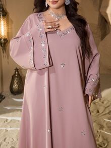 Al Najma Plus Size V-Neck Fashionable Rhinestone Embellished Double Layer Sleeve Shiny Elegant Soft Comfortable Loose Turkish Dress - Pink - View 6