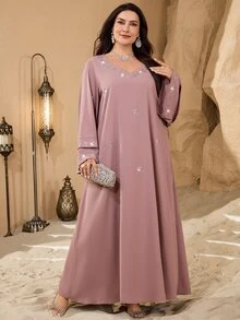 Al Najma Plus Size V-Neck Fashionable Rhinestone Embellished Double Layer Sleeve Shiny Elegant Soft Comfortable Loose Turkish Dress - Pink - View 2