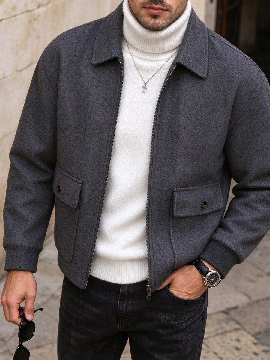 Manfinity CasualCool Men's Autumn/Winter Lapel Short Jacket, Pocket Design Classic Versatile Business Commute Wool Blend - Light Grey - View 1