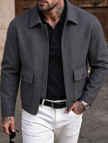 Manfinity CasualCool Men's Autumn/Winter Lapel Short Jacket, Pocket Design Classic Versatile Business Commute Wool Blend - Light Grey - View 7
