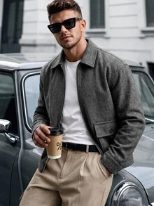 Manfinity CasualCool Men's Autumn/Winter Lapel Short Jacket, Pocket Design Classic Versatile Business Commute Wool Blend - Light Grey - View 3