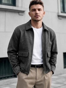 Manfinity CasualCool Men's Autumn/Winter Lapel Short Jacket, Pocket Design Classic Versatile Business Commute Wool Blend - Light Grey - View 5