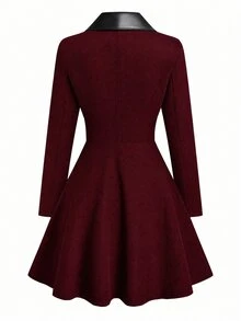 SHEIN LUNE 大尺碼女款休閒拼接PU領抽褶腰夾克 - 酒紅色 - 查看 2