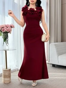 Feyla Women's Solid Color 3D Floral Decor Ruched Sleeveless Elegant Dress - Burgundy - View 5