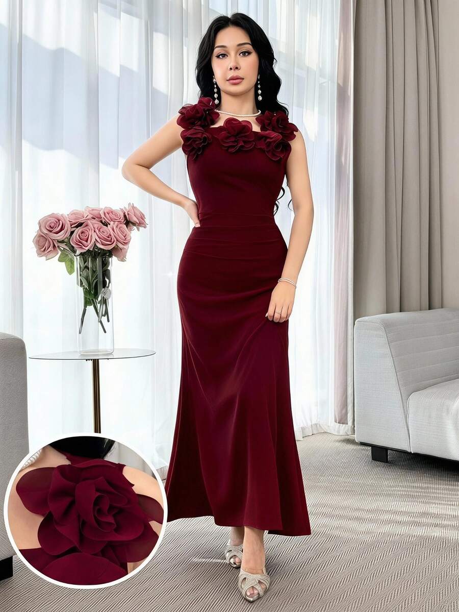 Feyla Women's Solid Color 3D Floral Decor Ruched Sleeveless Elegant Dress