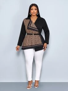 SOLERSUN Plus Size Women's Fashion Solid Color Patchwork Square Cyclic Positioning Pattern Shirt Mini Dress, Elegant Lapel V-Neck Bodycon Design, Geometric Scarf Print Contrast Long Sleeve Blouse (With Matching Detachable Belt), Suitable For Business Casual, Cocktail Party, Dinner, Date Or Party Occasions, Daily Commute, Versatile Style, Autumn/Winter - Black - View 7
