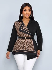 SOLERSUN Plus Size Women's Fashion Solid Color Patchwork Square Cyclic Positioning Pattern Shirt Mini Dress, Elegant Lapel V-Neck Bodycon Design, Geometric Scarf Print Contrast Long Sleeve Blouse (With Matching Detachable Belt), Suitable For Business Casual, Cocktail Party, Dinner, Date Or Party Occasions, Daily Commute, Versatile Style, Autumn/Winter - Black - View 6