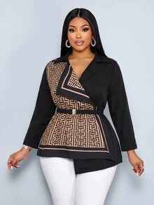 SOLERSUN Plus Size Women's Fashion Solid Color Patchwork Square Cyclic Positioning Pattern Shirt Mini Dress, Elegant Lapel V-Neck Bodycon Design, Geometric Scarf Print Contrast Long Sleeve Blouse (With Matching Detachable Belt), Suitable For Business Casual, Cocktail Party, Dinner, Date Or Party Occasions, Daily Commute, Versatile Style, Autumn/Winter - Black - View 2
