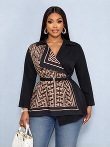 SOLERSUN Plus Size Women's Fashion Solid Color Patchwork Square Cyclic Positioning Pattern Shirt Mini Dress, Elegant Lapel V-Neck Bodycon Design, Geometric Scarf Print Contrast Long Sleeve Blouse (With Matching Detachable Belt), Suitable For Business Casual, Cocktail Party, Dinner, Date Or Party Occasions, Daily Commute, Versatile Style, Autumn/Winter - Black - View 3