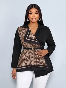 SOLERSUN Plus Size Women's Fashion Solid Color Patchwork Square Cyclic Positioning Pattern Shirt Mini Dress, Elegant Lapel V-Neck Bodycon Design, Geometric Scarf Print Contrast Long Sleeve Blouse (With Matching Detachable Belt), Suitable For Business Casual, Cocktail Party, Dinner, Date Or Party Occasions, Daily Commute, Versatile Style, Autumn/Winter - Black - View 4