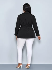 SOLERSUN Plus Size Women's Fashion Solid Color Patchwork Square Cyclic Positioning Pattern Shirt Mini Dress, Elegant Lapel V-Neck Bodycon Design, Geometric Scarf Print Contrast Long Sleeve Blouse (With Matching Detachable Belt), Suitable For Business Casual, Cocktail Party, Dinner, Date Or Party Occasions, Daily Commute, Versatile Style, Autumn/Winter - Black - View 5