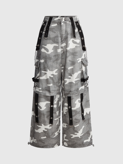 Grunge Punk Street Style Camouflage Print Colorblock Metal Rivet Webbing Cross Patch Pocket Design Super Loose Wide Leg Denim Jeans